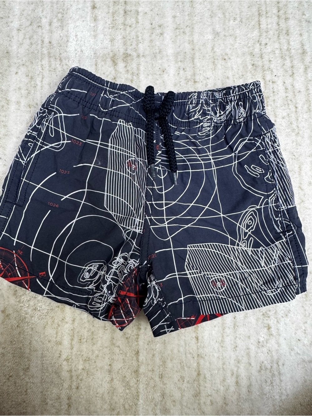 Vilebrequin Navy Swim Trunks with White Topographic Print and Red Accents